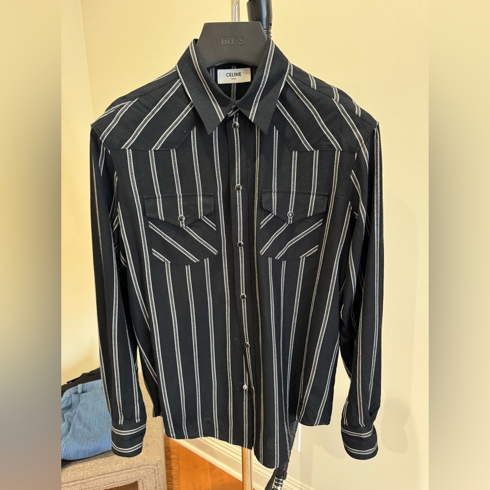 CELINE - White and black vertical striped button down. Size is 39 Men’s.